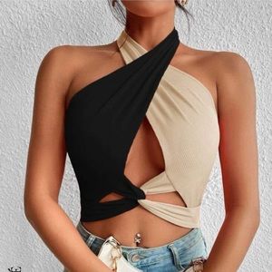 Ribbed Cropped Black and tan tie halter top.